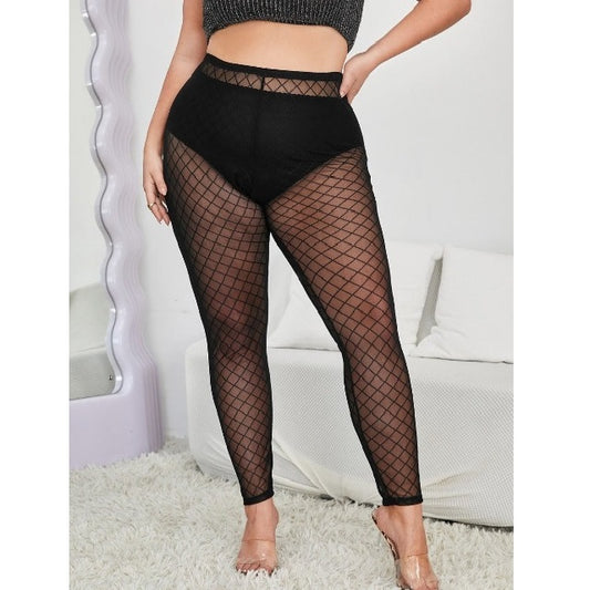 Plus Size Grid Sheer Mesh Leggings Panty Set