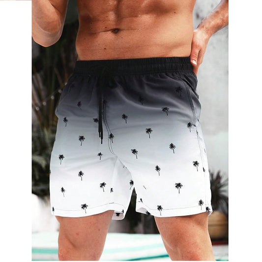 Men Coconut Tree Print Ombre Drawstring Waist Swim Trunks