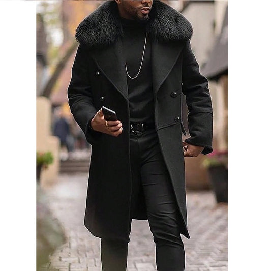 Men's Woolen Coat With Double Breasted Buttons And Shearling Collar