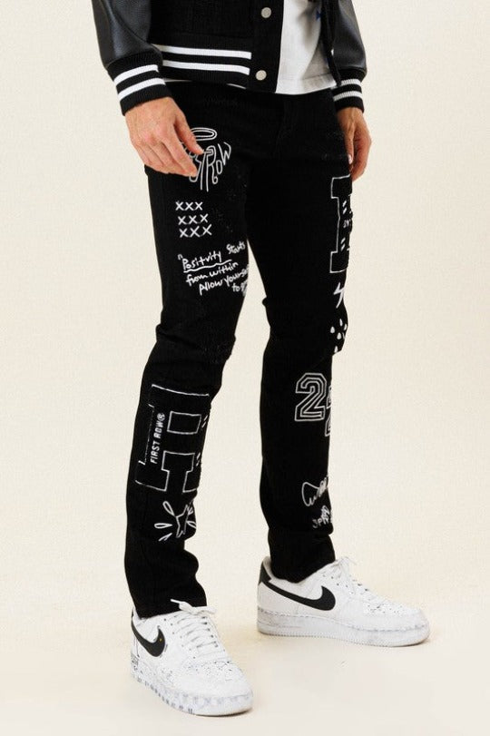 Black Multi Patch Slim Fit Denim Jeans