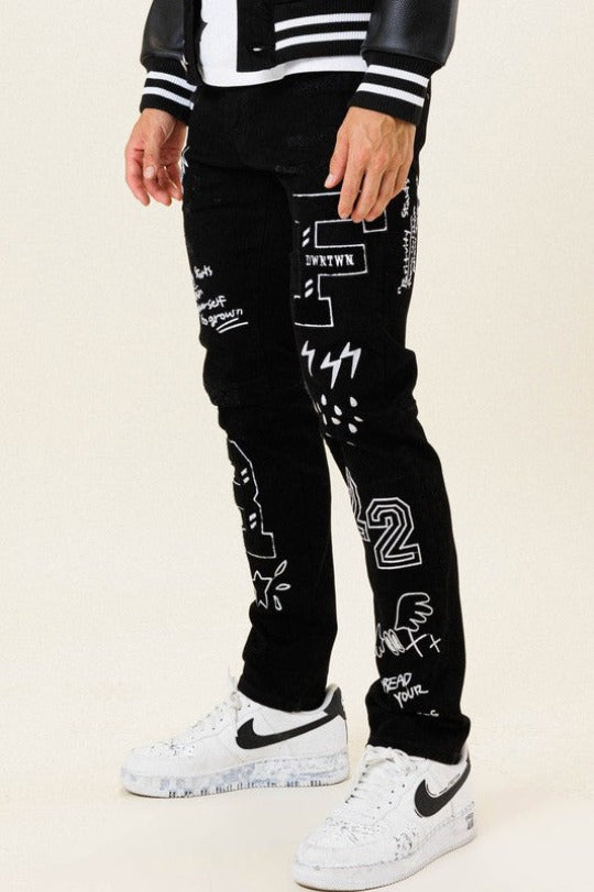 Black Multi Patch Slim Fit Denim Jeans
