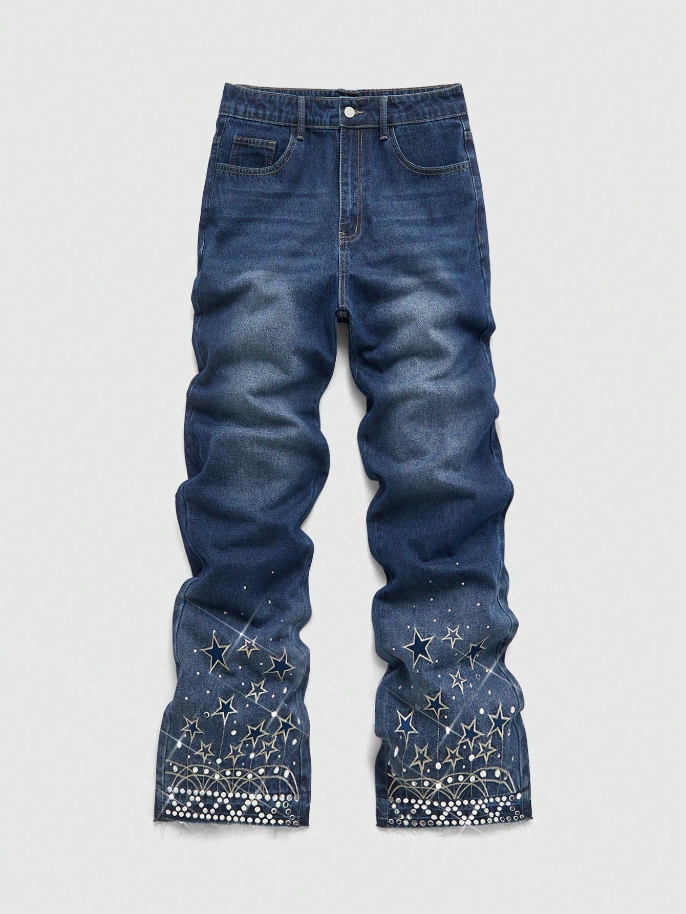 Men's Rhinestone Cross Graphic Slant Pocket Denim Jeans