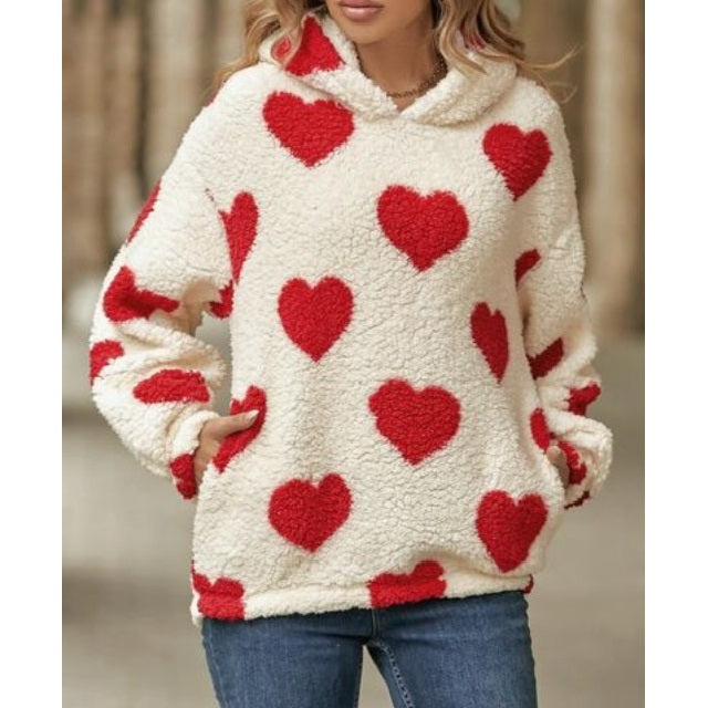 Fuzzy Heart Dropped Shoulder Hooded Sweater
