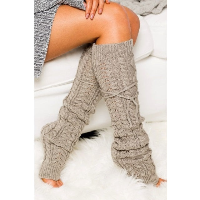 Cable Knit Long Tie Leg Warmers