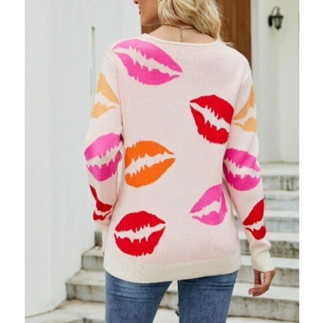 Lip Print V-Neck Knitted Sweater