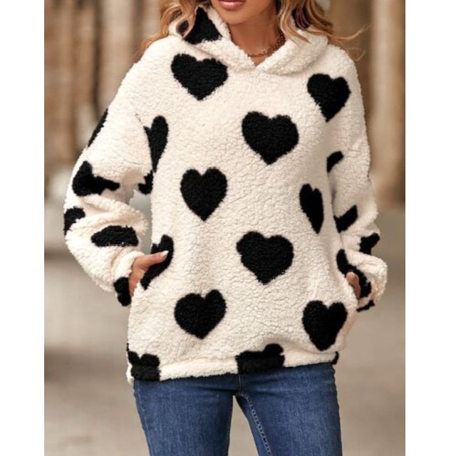 Fuzzy Heart Dropped Shoulder Hooded Sweater