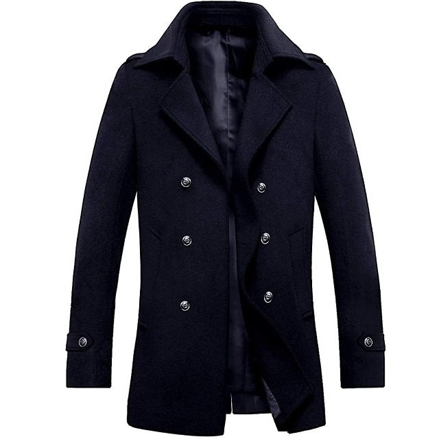 Classic Men's Wool Button Windproof Pea Coat
