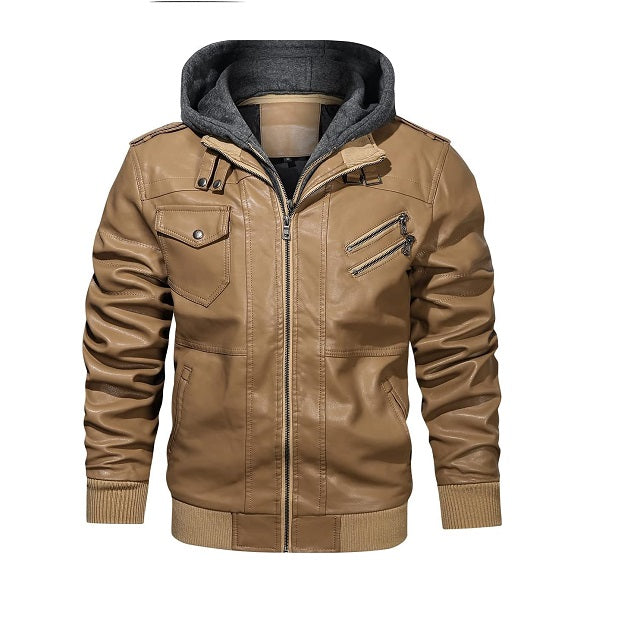 Men’s Casual Stand Collar PU Faux Leather Zip-Up Motorcycle Bomber Jacket With a Removable Hood