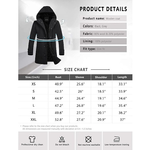 Classic Men's Wool Button Windproof Pea Coat