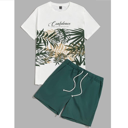 Men's Letter & Tropical Print Tee and Shorts Set