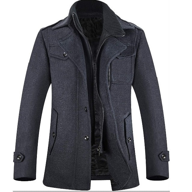 Classic Men's Wool Button Windproof Pea Coat