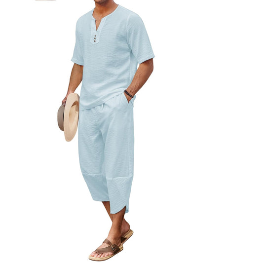 Men's 2 Pieces Linen Set Shirt Short Sleeve and Harem Capri Pants