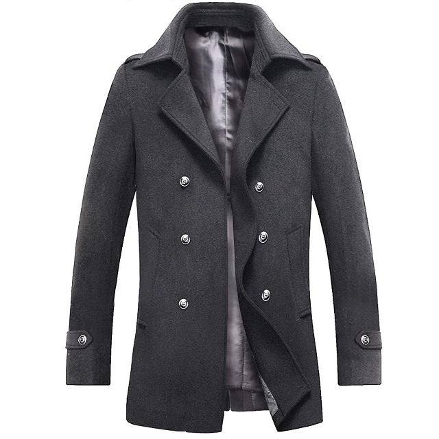 Classic Men's Wool Button Windproof Pea Coat