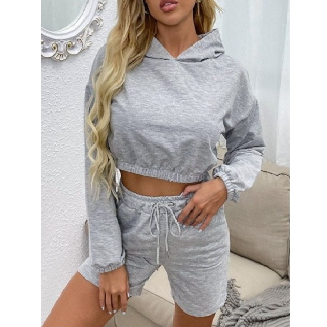 Cropped Hoodie Drawstring Shorts Set