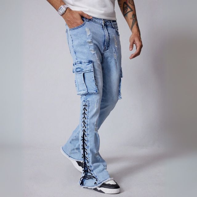 Men's Cargo Pocket Eyelet Lace-Up Casual Jeans