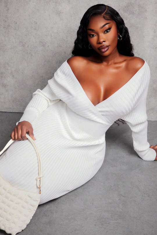Plus Size Off-Shoulder Ribbed Midi Dress