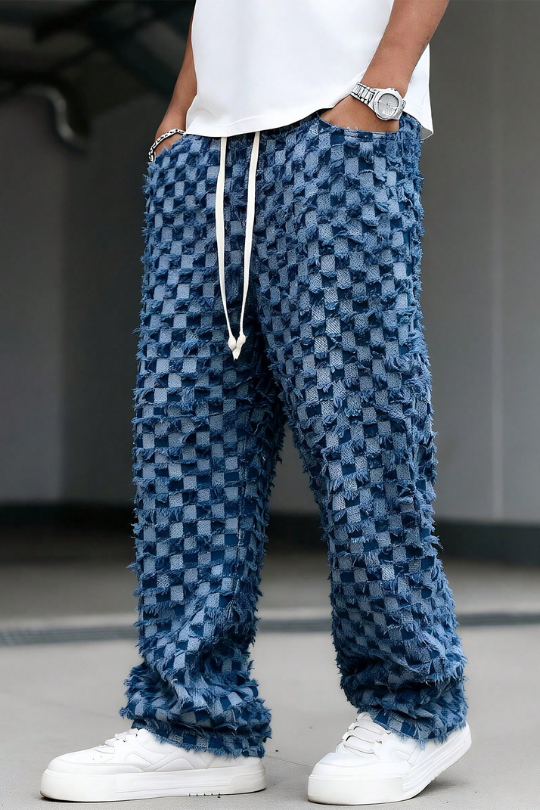 Men's Checkered Wide Leg Drawstring Jeans