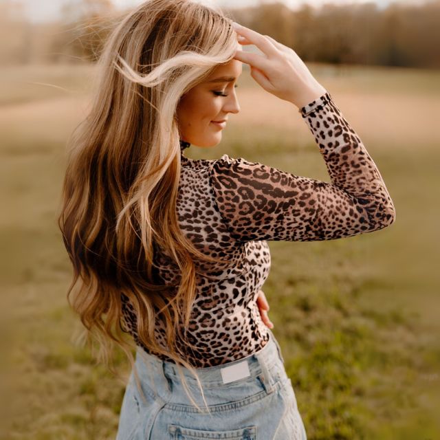 Leopard Print Smocked Neck Mesh Bodysuit