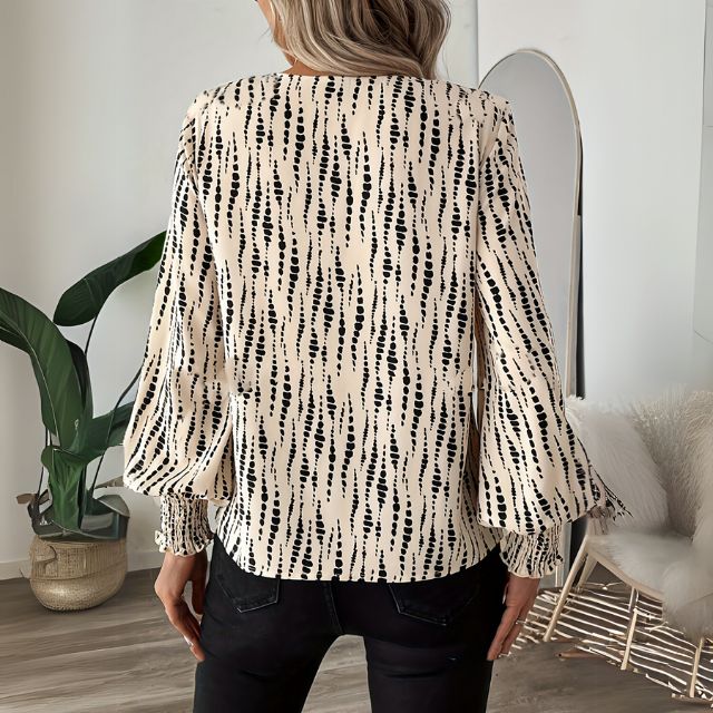 Abstract Puff Sleeve Smocked Cuffs Blouse