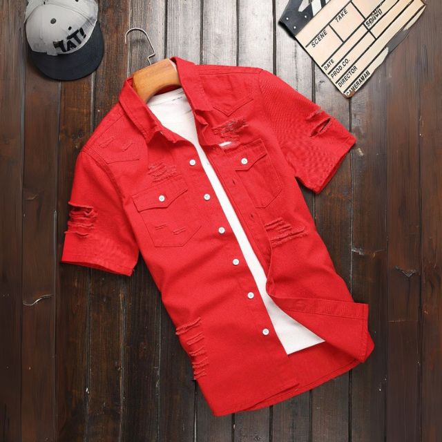 Men Ripped Pocket Denim Shirt