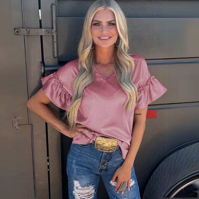 Women's Satin Ruffle Sleeve V Neck Blouse