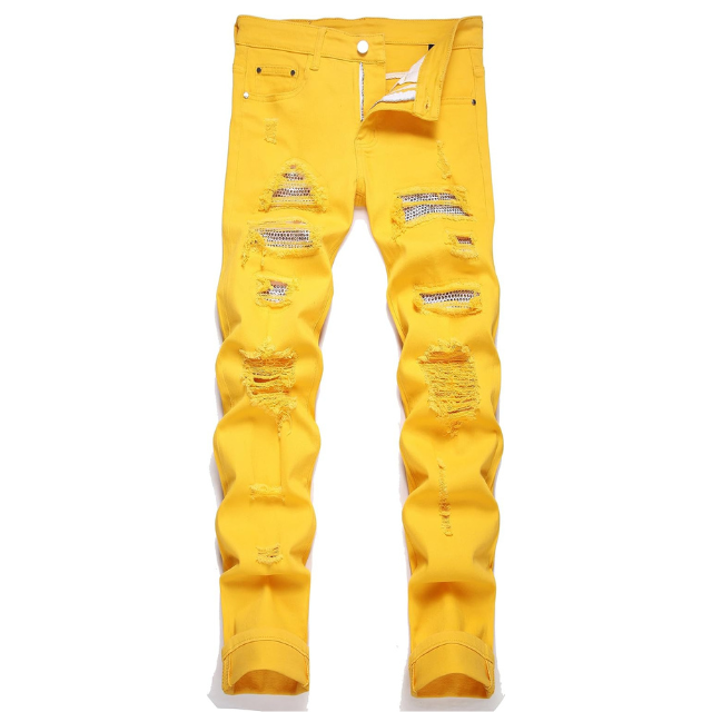 Men's Ripped Patch Elastic Jeans Fashion Slim Fit Regular Denim Pants