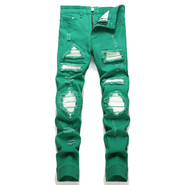 Men's Ripped Patch Elastic Jeans Fashion Slim Fit Regular Denim Pants
