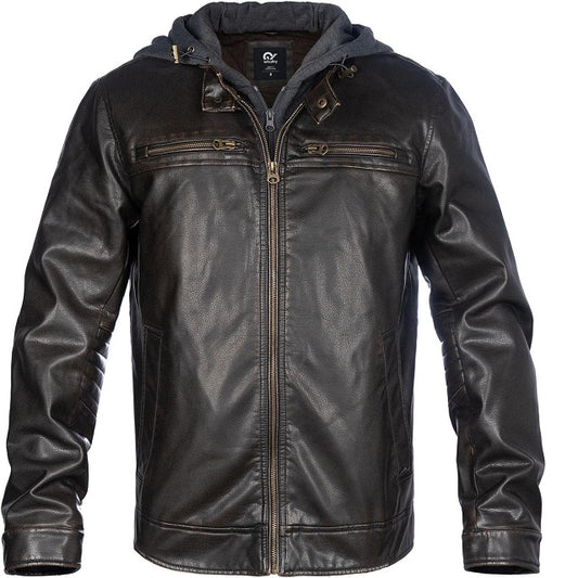 Mens Faux Leather Motorcycle Biker Bomber Coat with Hood