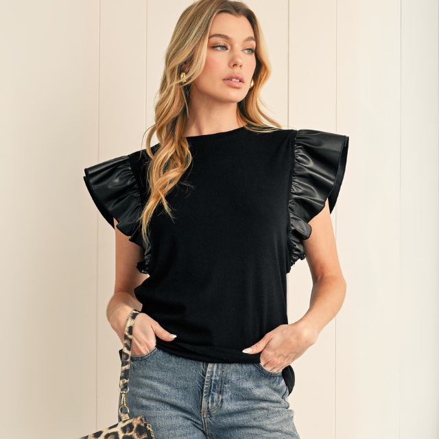 Leather Ruffle Shoulder Plain Blouse