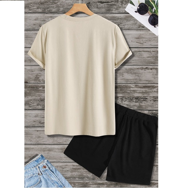 Men's Floral & Slogan Graphic Tee & Drawstring Waist Shorts Set