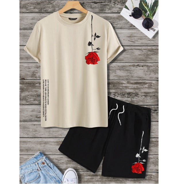 Men's Floral & Slogan Graphic Tee & Drawstring Waist Shorts Set