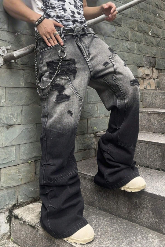 Men's Rockstar Distressed Wide Leg Black Jeans – DamaniBrand