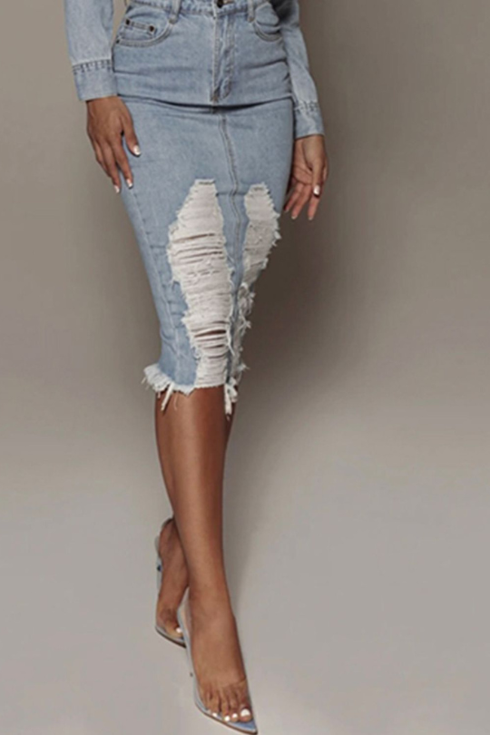 Women's Distressed Slit Midi Denim Skirt