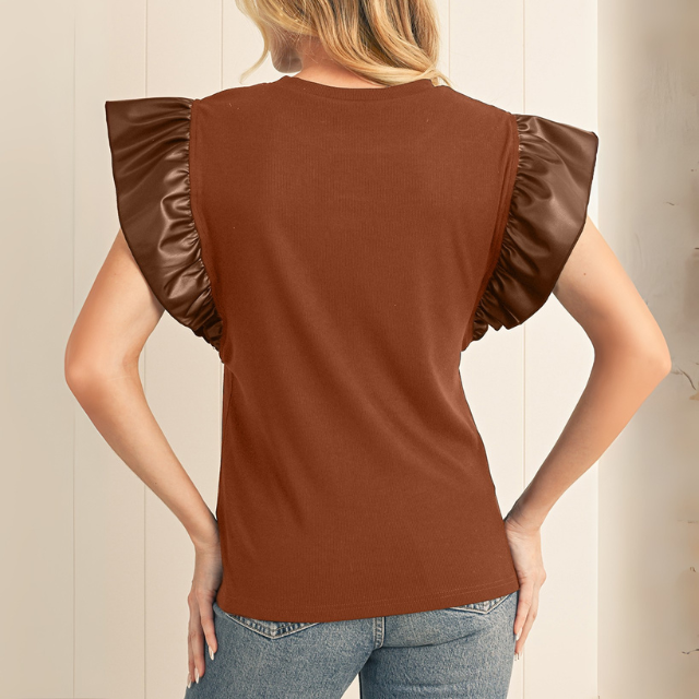 Leather Ruffle Shoulder Plain Blouse