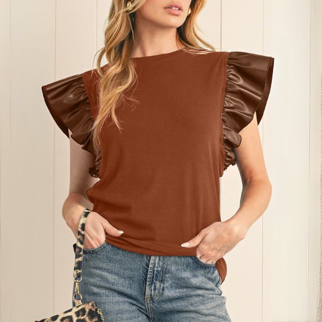 Leather Ruffle Shoulder Plain Blouse