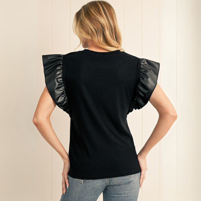 Leather Ruffle Shoulder Plain Blouse