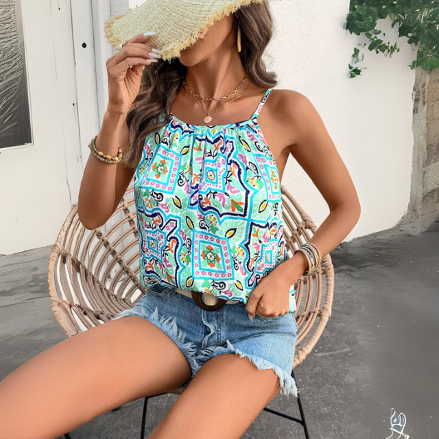 Baby Blue Floral Print Spaghetti Strap Top
