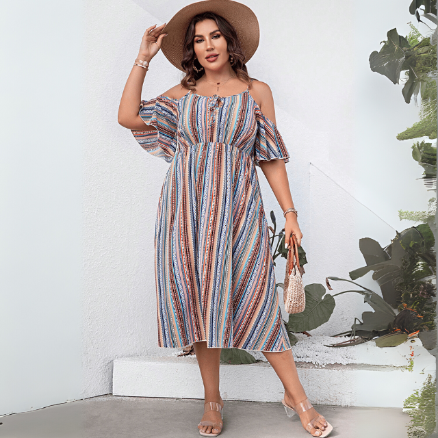 Plus Size Striped Cold-Shoulder Dress