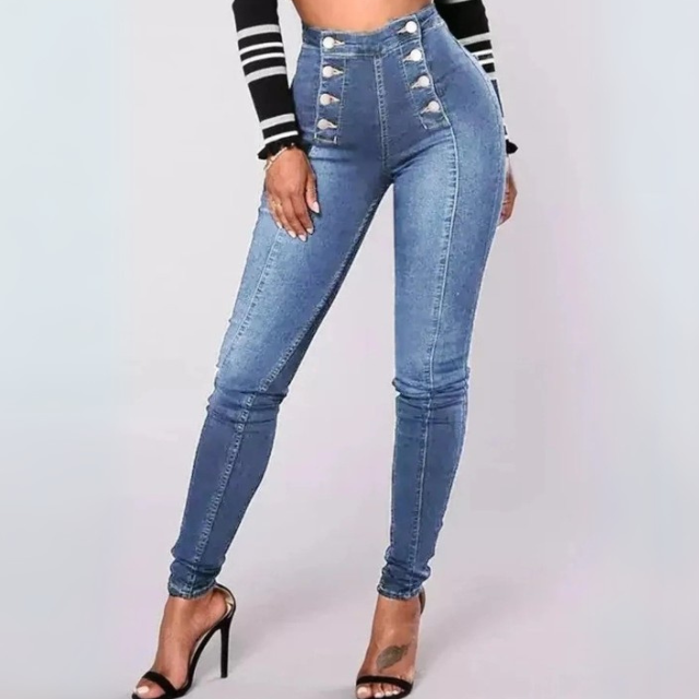 High-Waisted Double-Breasted Skinny Jeans
