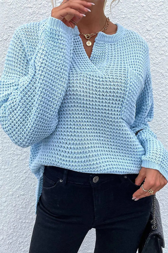 Women's Notched Long Sleeve Knitted Sweater