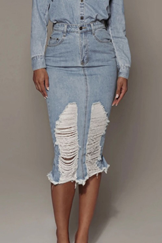 Women's Distressed Slit Midi Denim Skirt