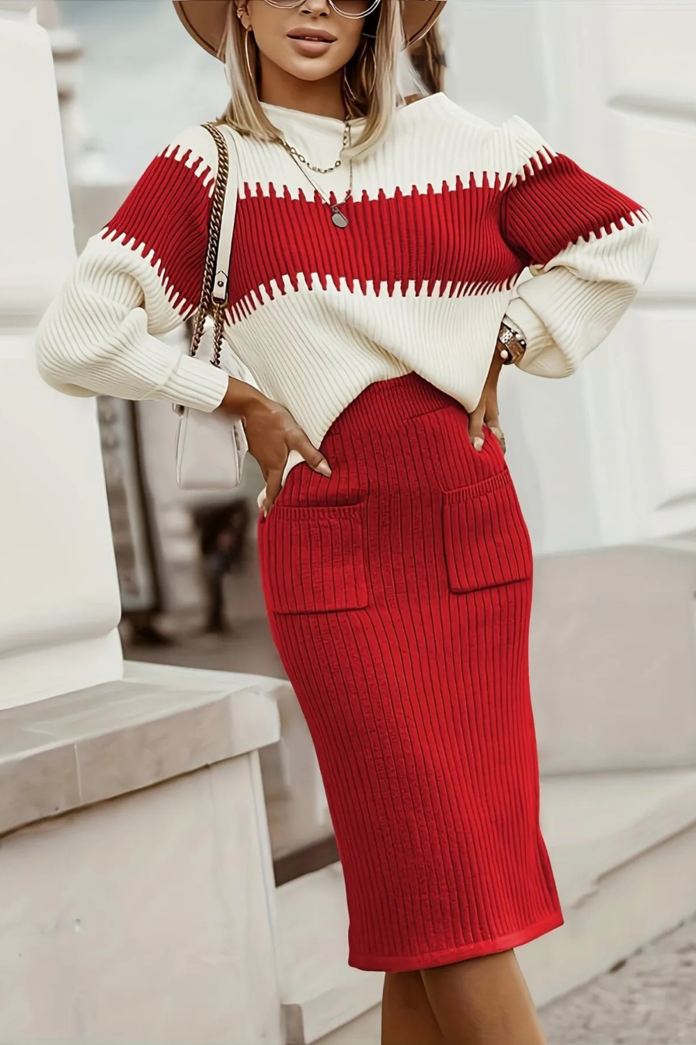 Women's Ribbed Knit Sweater Top and Skirt Set