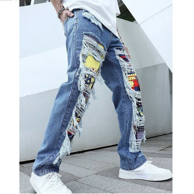 Geo Print Ripped Straight Leg Jeans