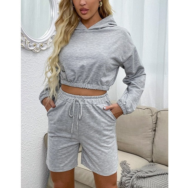 Cropped Hoodie Drawstring Shorts Set