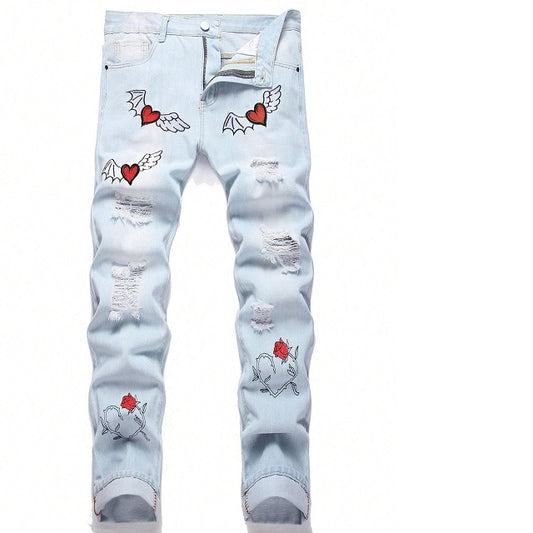 Men's Heart Wing Embroidery Jeans