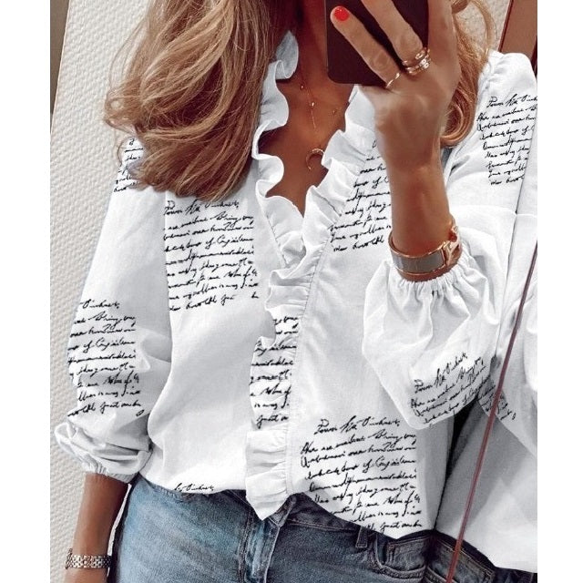 Casual V Neck Lantern Sleeve Ruffled Blouse