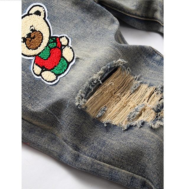 Men Cartoon & Letter Patched Detail Ripped Frayed Jeans