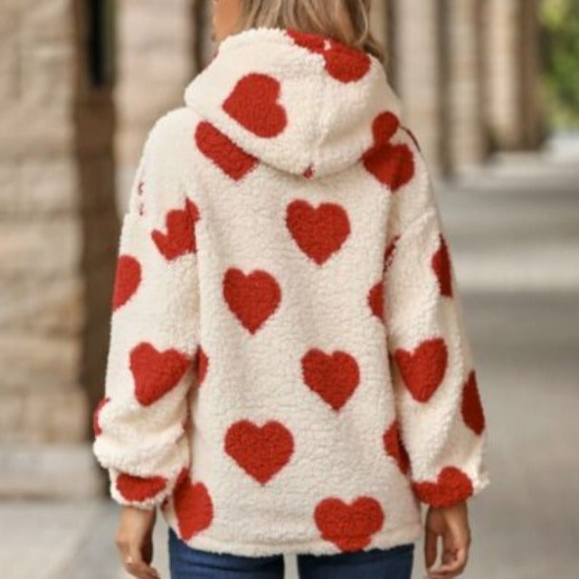 Fuzzy Heart Dropped Shoulder Hooded Sweater