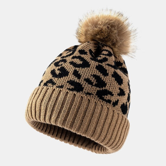 Leopard Pom-Pom Cuffed Beanie Hat