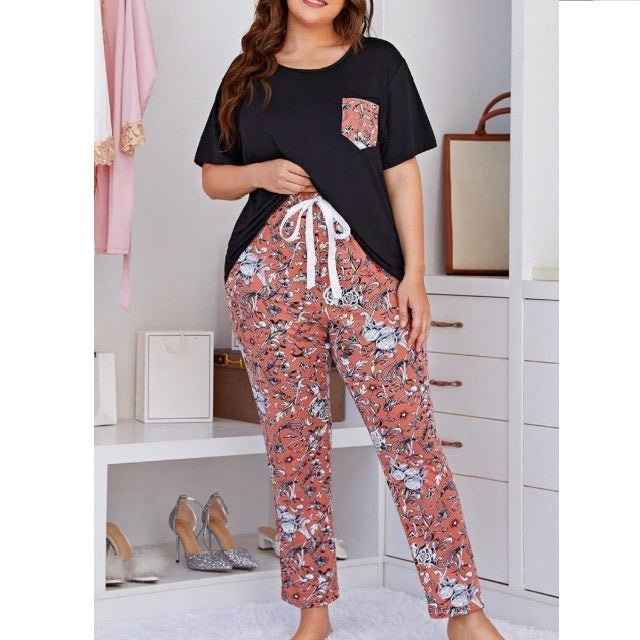 Plus Size Round Neck Tee and Floral Pants Lounge Set